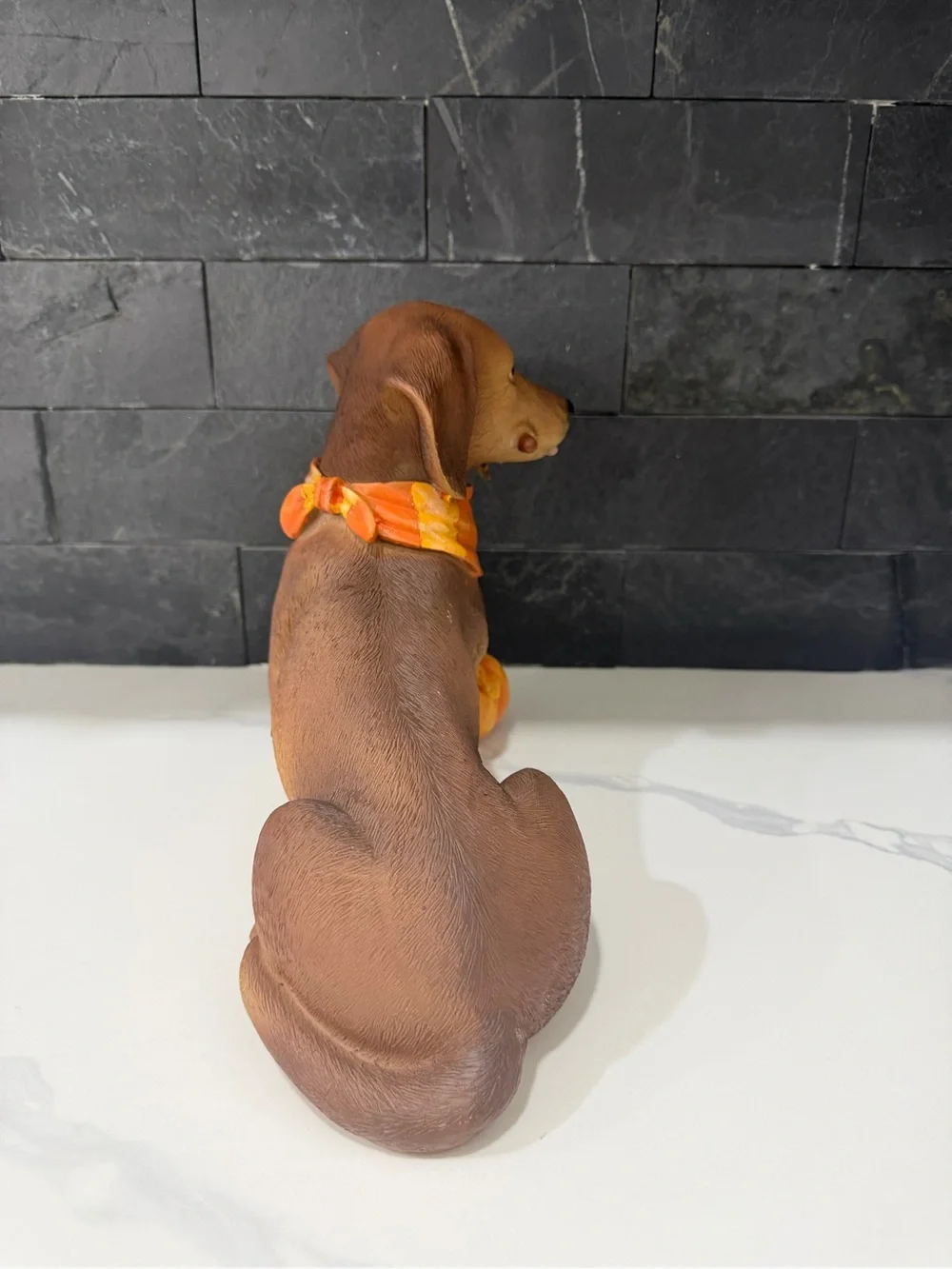 Autumn Dachshund Dog Figurine with Orange Scarf and Pumpkin